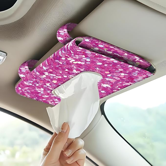 Car Tissue Holder, Cute Sun Visor Napkin Holder Backseat Tissue Case, PU Leather Tissue Box, Funny Car Accessories for Women Men Purple Glitter Pattern - Image 6