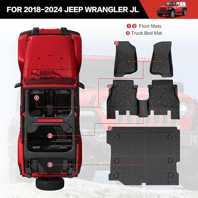 Cargo Liner with Floor Mats Fit for 2018-2025 Jeep Wrangler JL Unlimited 4 Door 4X4, Cargo Mat Durable TPE Floor Liner for 2024 Jeep Wrangler JL/JLU Accessories(Cargo Mat+Floor Mat) - Image 4