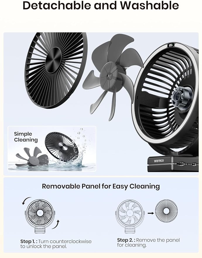 Warmco 15000mAh Clip on Fan with LED Light for Camping and Golf Car | 12-30H Runtime, 300H+ Light, USB-C Two-Way Charging, 3-Level LED Light, Clip Hook Desk Use, 4 Speeds - Image 5