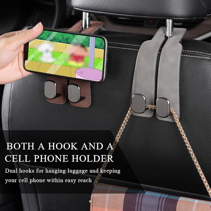 2 PCS Car Seat Headrest Hook, Back Seat Hanger with Double Flexible Leather Hooks, Soft Leather Double Headrest Metal Hooks Purse Handbag Organizer, Car Accessories (Brown) - Image 3