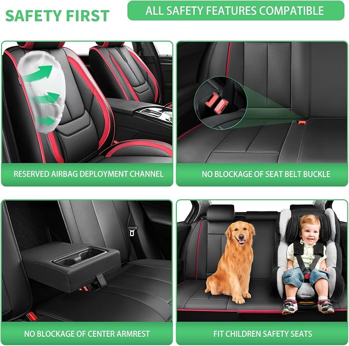 Fit Titan Car Seat Covers (5 Seats) for Select Nissan Titan 2009-2024 2025 2026 - Full Coverage Leather,Airbag Compatible, Waterproof & All Weather Seat Cushion Protector,Full Black-Red - Image 5