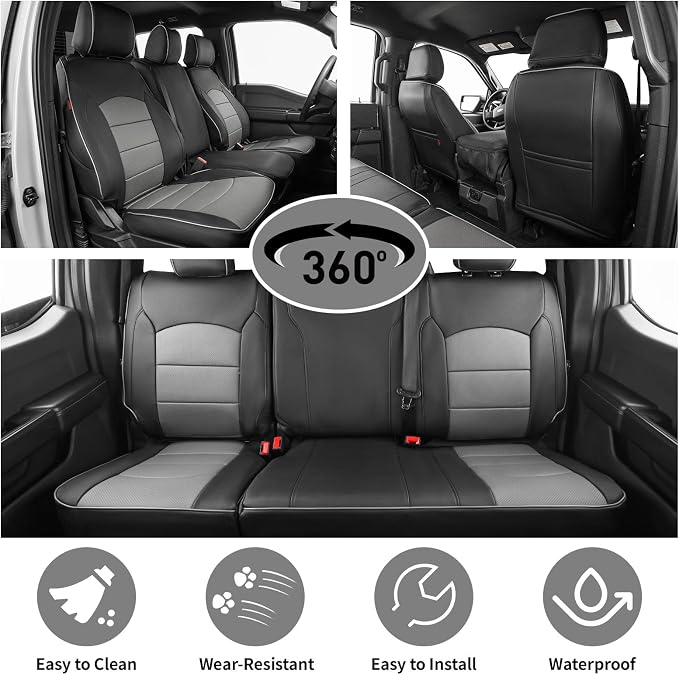 EKR F150 Seat Covers for (4 Door,SuperCrew) 2015-2020 Ford F150 XL/XLT & (CrewCab) 2017-2022 F250/F350/F450 SuperDuty XL/XLT,Family & Pet Friendly,Waterproof-Faux Leather(Black/Gray) - Image 4