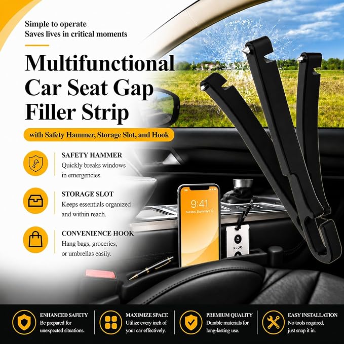 2 Pack Car Seat Gap Filler Compatible with Subaru Outback 2017-2025, Forester, Crosstrek Accessories, Seat Gap Organizer with Emergency Window Breaker & Sunglasses Holder - Image 4
