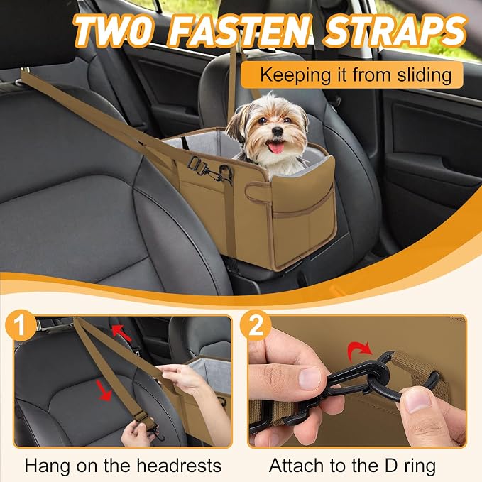 Portable Dog Car Seat for Small Dogs, Puppy Car Seat, Khaki | Booster Seat With Safety Leash & Adjustable Straps Keeps Small Dogs Secure. Removable Washable Cushion. Fits Most Cars. - Image 5