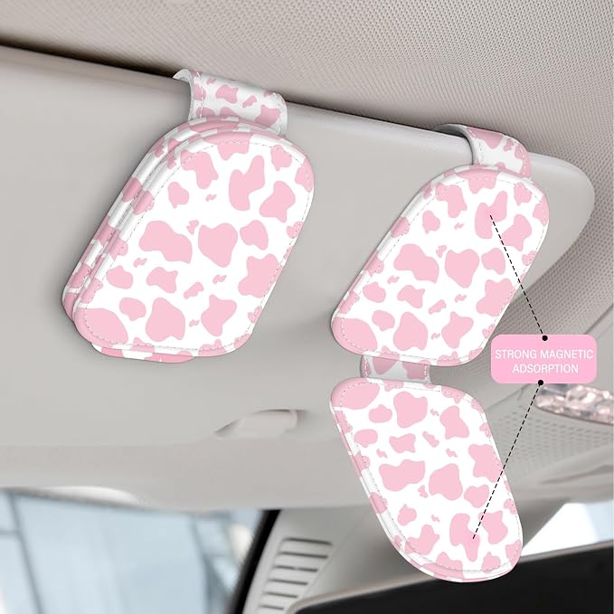 2 Pack Sunglass Holder for Car Visor, Universal Magnetic Car Sunglass Holder for Different Size Eyeglasses, Car Visor Accessories (Cow-Pink) - Image 3