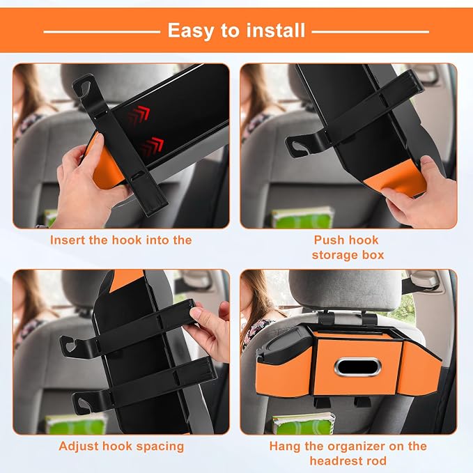 7-In-1 Car Seat Back Organizer with Cup Holders, Tissue Box, Garbage Can&Hooks, Multifunctional Headrest Storage Organizer, Headrest Cup Holder for Backseat, Car Accessories for Trips, Travels(Orange) - Image 4
