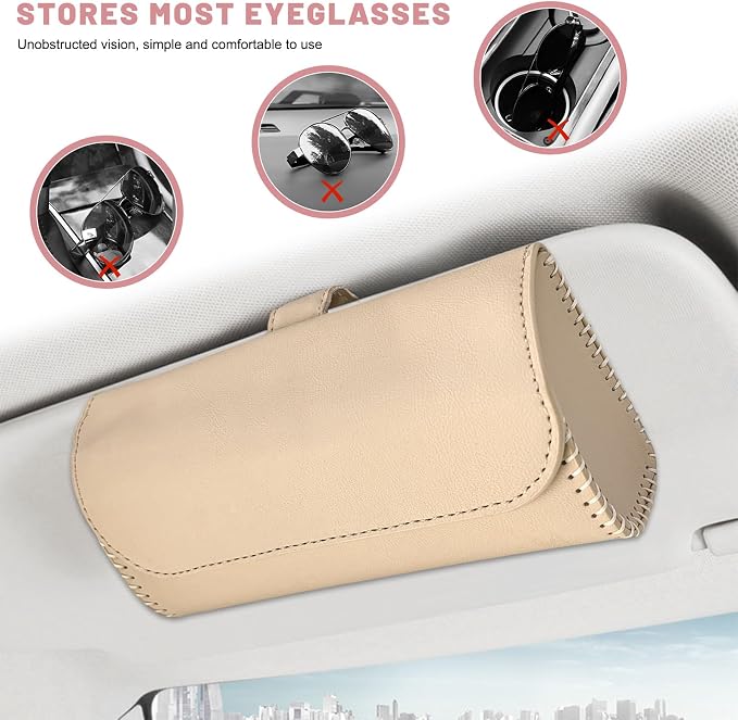 Sunglasses Holder for Car Visor, Auto Sunshade Eyeglasses Storage Case with Hidden Magnetic Closure, PU Leather Sunglass Protective Box for Most Vehicles Sun Visors (Beige) - Image 4