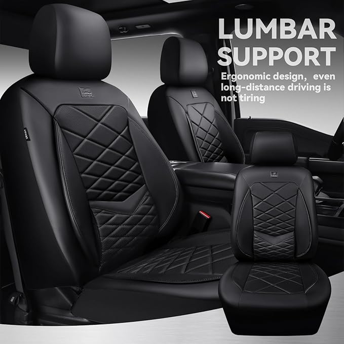 CAR PASS Luxury Nappa Leather Front Seat Covers, Waterproof 3D Foam Seat Covers with Lumbar Support, Breathable Auto Seat Cover Airbag Compatible Universal Fit for Sedan SUV Van Truck, All Black - Image 3