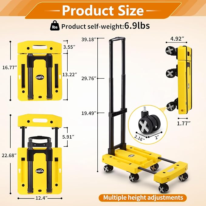 GtIiFmTe Foldable Hand Truck, Lightweight Luggage Cart for Airport Car Seat | Compact Folding dolly with Rotating swivel wheel,storage size12×15.7×4.1",300lbs Load,Upright Lock Handle with 3bungee cords - Image 2