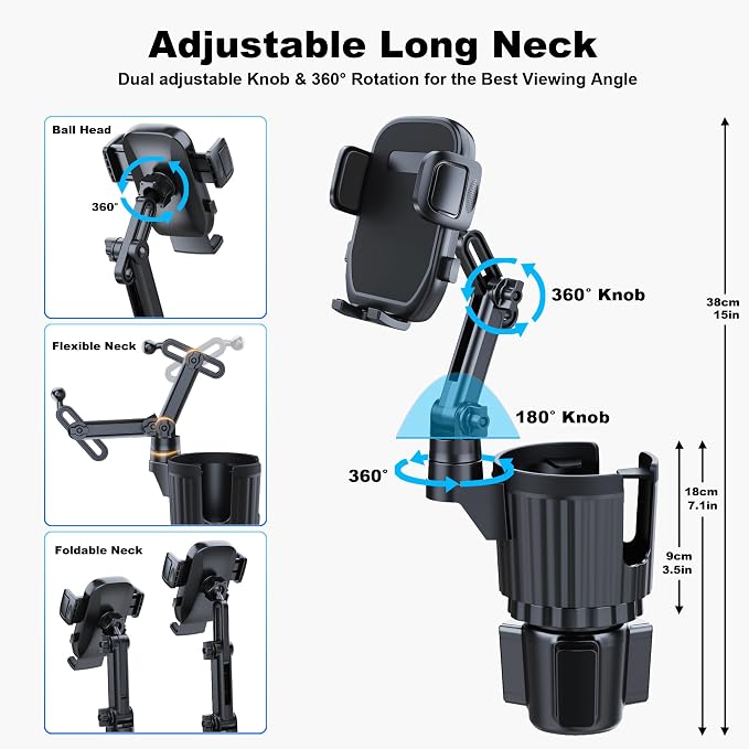 Cup Holder Phone Mount, 2 in 1 Universal Cup Holder Expander with Long Arm 360°Rotation Cup Phone Holder for Car Fits All 4-7” iPhone Galaxy Smartphones and Most Truck Bottles - Image 3