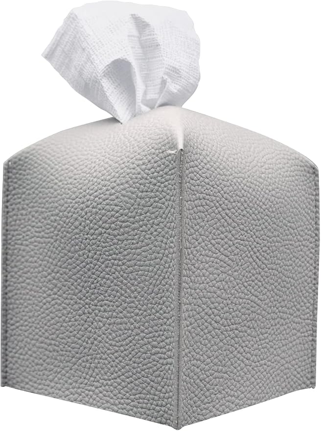 Carrotez Tissue Box Cover, [Refined] Modern PU Leather Square Tissue Box Holder - Decorative Organizer for Bathroom Vanity Countertop, Night Stands, Office Desk & Car 5"X5"X5" - Pastel Grey by Carrotez