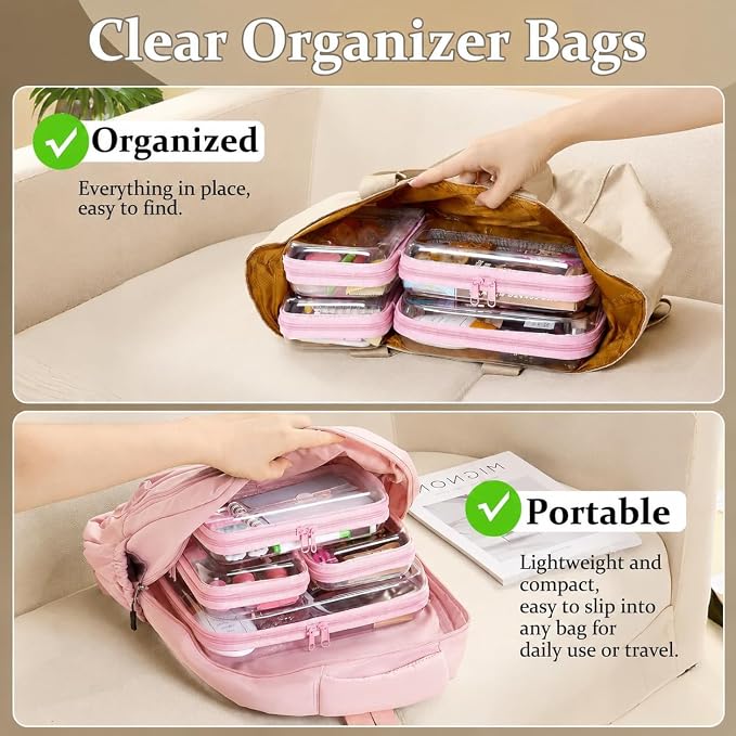 3-PCS Medium Clear Hard Shell Zipper Pouches, Clear Zipper Bags (3M, Green) | CLear Diaper Bag, Toiletry Pouch, Travel Organizer, Cosmetic Bag,Toy Storage Bins (M+3S)(Baby Pink) - Image 3