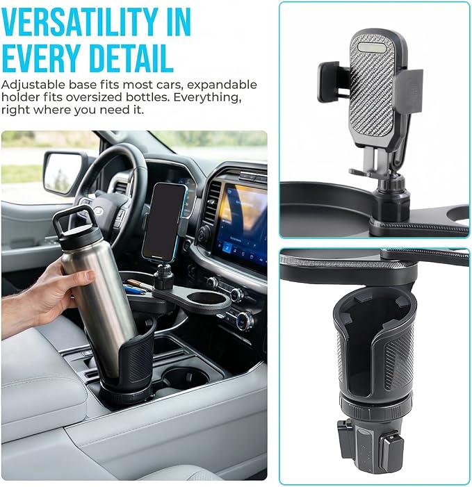 Car Cup Holder Tray, 3 in 1 Multifunctional Vehicle Food Water Bottle Phone Holder Expander Adapter with Adjustable Base, Detachable Auto Interior Food Tray Table, Universal Fit (Carbon Fiber) - Image 3