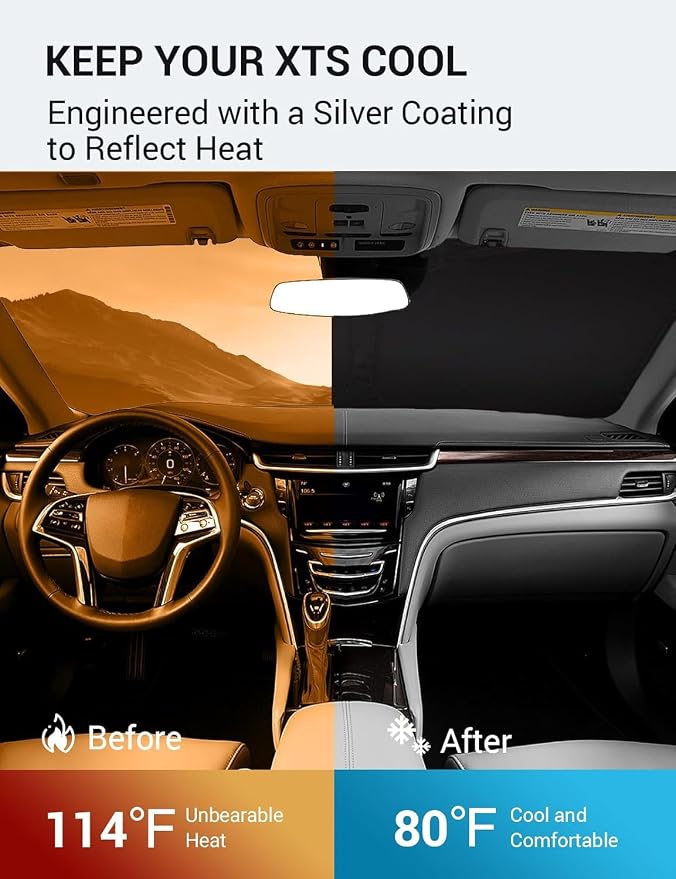 Proadsy Custom Fit 2013-2019 Cadillac XTS Windshield Sun Shade, Blocks Heat | 240T Heat Shield, Drops Temp 54°F, Blocks 99% UV, Prevents Dashboard Cracking, Summer Parking & Beach Trips, Easy Twist-Fold - Image 3