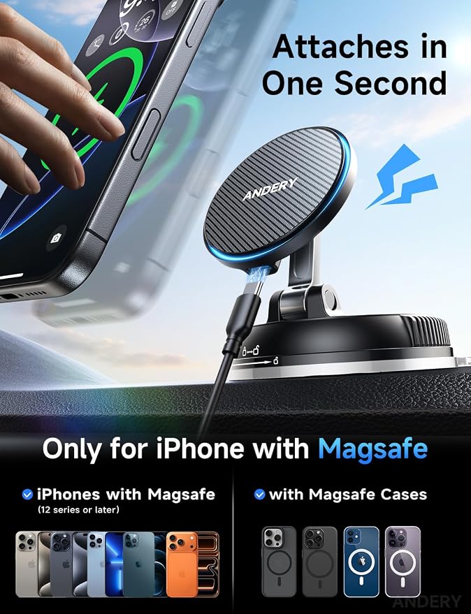 ANDERY Only for iPhone Magsafe Car Mount Charger, 15W Fast Wireless Charge | [78+LBS Strong Suction & 2400gf Magnetic] 360° Adjustable Car Mount Phone Holder, Car Interior Accessory with Dashboard Pad - Image 7