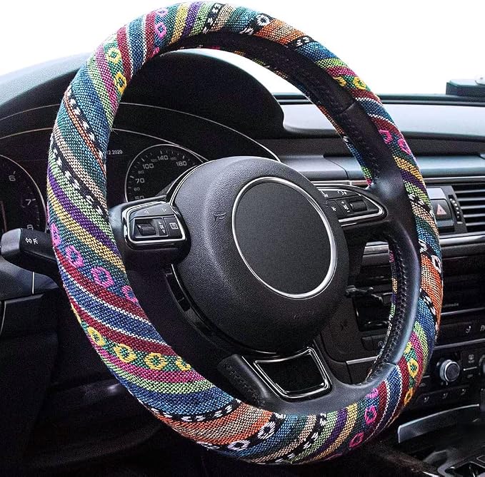 Boho Steering Wheel Cover Elastic Microfiber for Women, Universal Fit 15 inch Car SUV, Hippie Style Protector Cover, Anti-Slip, Breathable, Absorbing Sweat - 01 by Limsas