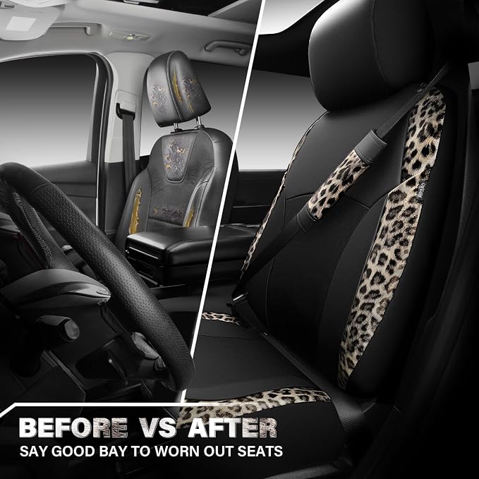 CAR PASS Leopard Print Faux Leather Car Seat Covers & Leopard Car Mats&Leopard Steering Wheel Cover Seat Belt Universal Car Accessories for SUV,Van,Saden,Truck Automobile Interior Sets(Gold Black) - Image 6
