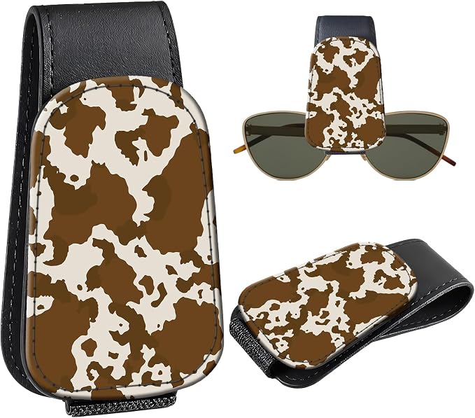 Leather Magnetic Sunglass Holder for Car Sun Visor, Cute Eyeglass Ticket Card Hanger Clip, Universal Auto Interior Accessories for SUV Pickup Truck, Cow Pattern by Unknown