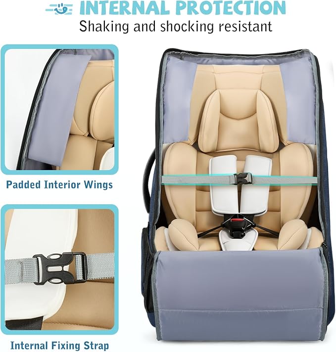 RAINSMORE Padded Car Seat Travel Bag for Airplane Car Seat Backpack, Blue | Fits Infant Carrier & Boosters, Heavy-Duty Car Seat Cover for Air Travel Gate Check Carrier Bags for Airport with Side Pocket - Image 5