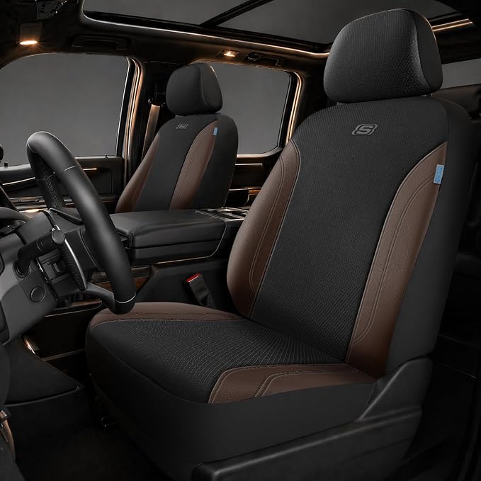 Skechers Work Seat Covers, Leather Car Seat Covers 5-Times Stronger Built-in Webbing, Oxford Fabric Front Seat Cover, Airbag Compatible, Automotive Comfort for Cars, Trucks, SUVs,Brown by Unknown