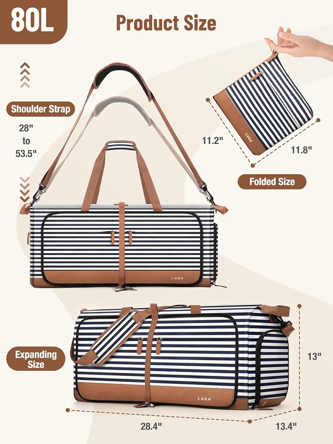 Lekesky Foldable Travel Duffle Bag for Women, 80L Large Duffel Bag with Separate Shoes Compartments & Straps, Carry On Weekend Bag for Women, Hospital, Overnight (Blue Stripes) - Image 3