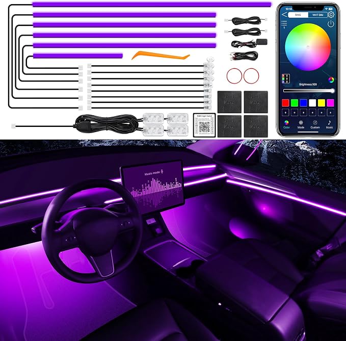 Acrylic Interior Car LED Strip Light with Wireless APP, RGB 18 in 1 with 175 inches 612 LEDs Fiber Optic Strip Lights for Car, Dual Zone Music Sync Neon Car Ambient Lighting Kits - Image 2