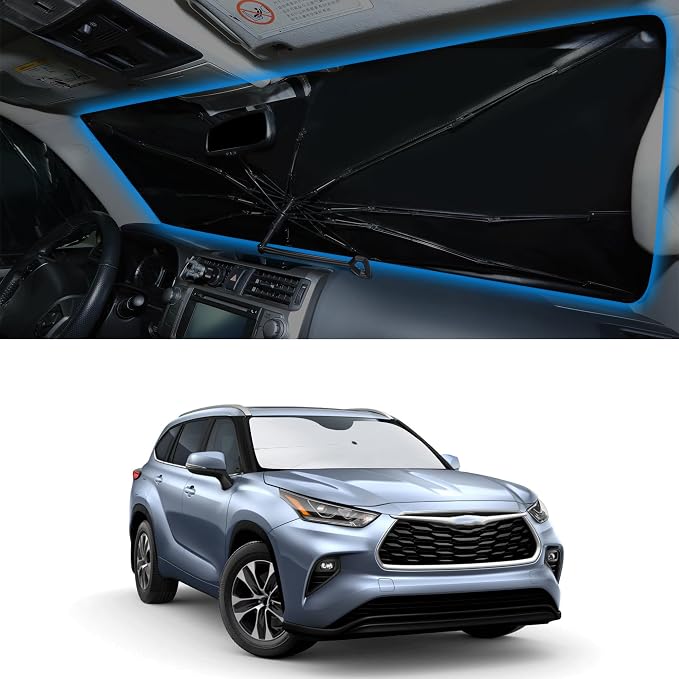Windshield Sun Shade Umbrella foe 2020-2026 Toyota Highlander | Full covered for windshield, Block UV Rays, Heat Reduction, Easy to install, Durable & Fold Up Small by YYCKE