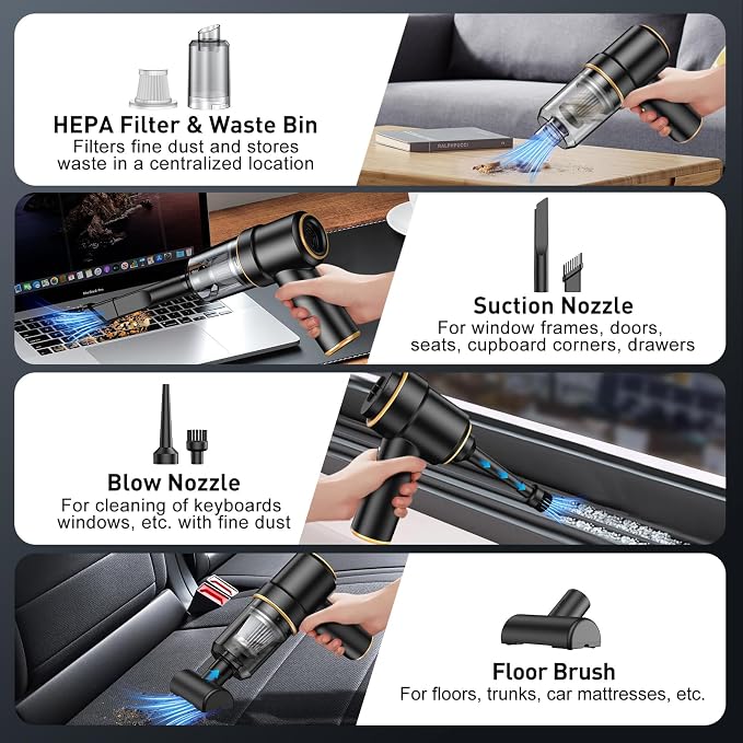 Handheld Car Vacuum Cleaner, 9000PA Hand Held Vacuum Cleaner & Air Duster | 120W High Power Portable Cordless, Rechargeable, Multi-Nozzles & LED Light, For Home, Car, Office - Image 4