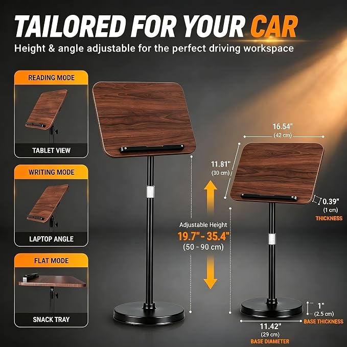 Large Adjustable Car Desk with Premium Solid Wood Tabletop, Tilt & 360° Swivel Portable Workstation, Height Adjustable Mobile Car Desk for RV, Home Office, Reading, Gaming and Writing - Image 4