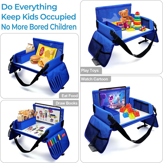 Travel Tray for Kids, Carseat Table Tray for Road Trip Activities, Toddler Lap Desk Organizer for Airplane - Blue - Image 6