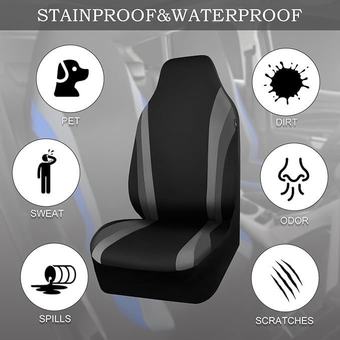 CAR PASS AquaShield Neoprene Waterproof Car Seat Covers for Front Seats Only, High Back Bucket Seat Cover,Airbag Compatible,Line Rider Seat Covers Universal Fit for Truck Van SUV (Black and Gray) - Image 4