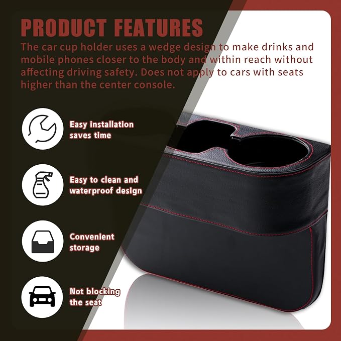 Car Cup Holder, PU Leather Auto Front Seat Organizer, Multifunctional Cup Drink Holders, Gap Filler Storage Box Coin Bucket Console Side Pocket Cell Mobile Phone Holder (Black) - Image 5