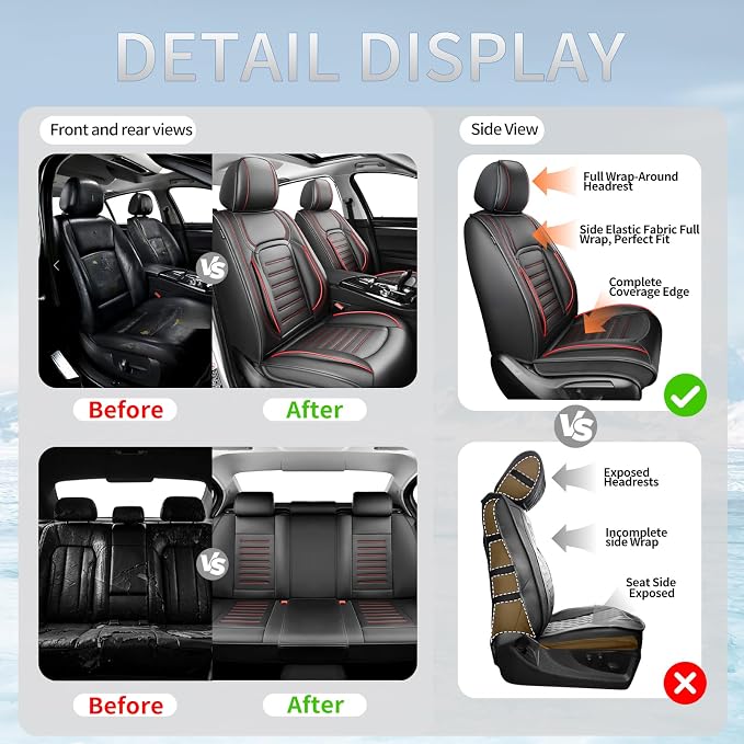 Fit Sienna Car Seat Covers for Toyota Sienna 2007-2025 2026 -Premium Leather, Waterproof，Breathable，All-Weather Seat Cushion Protecto & Airbag Compatible, 2 Front Seat Red Line Black - Image 5