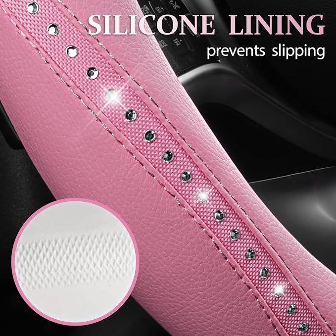 CAR PASS Bling Diamond Pink Leather Steering Wheel Cover, Studded Shining Rhinestones Universal Fit 14" 1/2-15" Glitter Sparkly Crystal Fit for Women Girl SUV,Vans,Sedans,Car,Trucks, Pink Diamond - Image 8