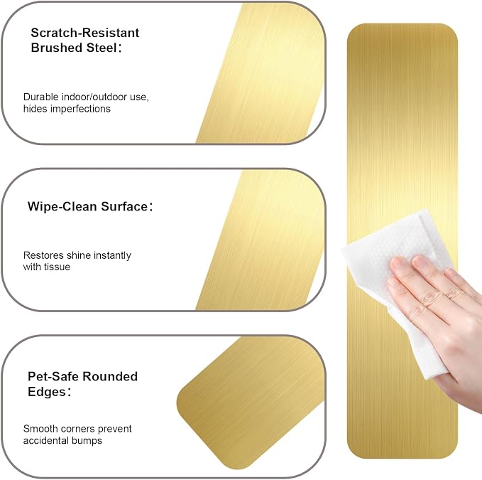 Dog Door Protector from Scratching, Steel Guard, Brushed Gold 4"x16" | Prevents Claw Marks & Scuffs, Smooth Rounded Corners, Self-Adhesive Install, Anti-Scratch Kick Plate, 2 Pcs - Image 5