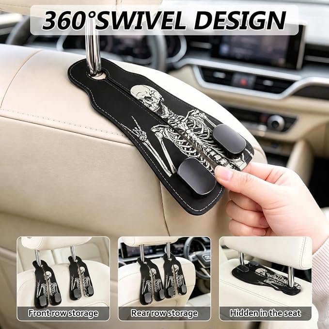 Cute Skull Skeleton Car Seat Back Storage Headrest Hooks for Purses & Bags – 2PCS PU Leather Dual Metal Hooks, Backseat Organizer Accessories - Image 4