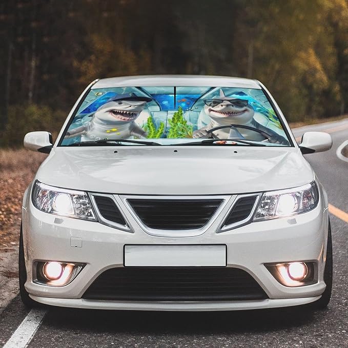 Socira Funny Sharks Car Windshield Sun Shade Umbrella Foldable Sunshade | for Front Window Auto Windshield Sunshade Covers Car Accessories Protect from Sun Rays Heat 57'' X 30'' - Image 2