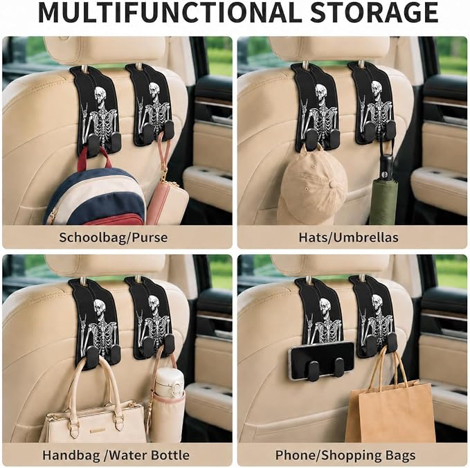 Cute Skull Skeleton Car Seat Back Storage Headrest Hooks for Purses & Bags – 2PCS PU Leather Dual Metal Hooks, Backseat Organizer Accessories - Image 6