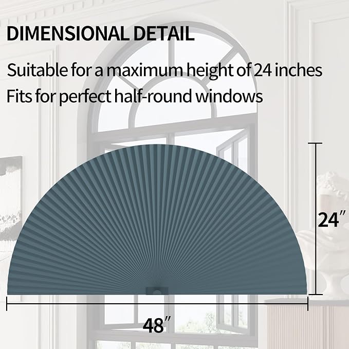 Myshade Arch Window Shades Half Circle Blackout Cellular Shades Cordless No Drill Blinds for Windows Half Moon Honeycomb Fabric No Tools Room Darkening Shades Easy Install (1PCS Blue 24" W X 48" H) - Image 3
