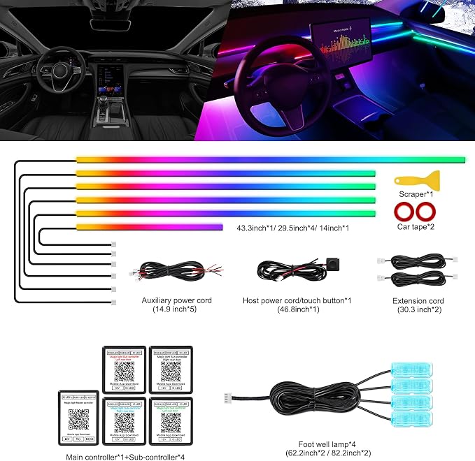 Dreamcolor Acrylic Interior Car LED Strip Light with Wireless APP, RGB 10 in 1 with 175 inches 612 LEDs Fiber Optic Strip Lights for Car, Dual Zone Symphony Neon Car Ambient Lighting - Image 3