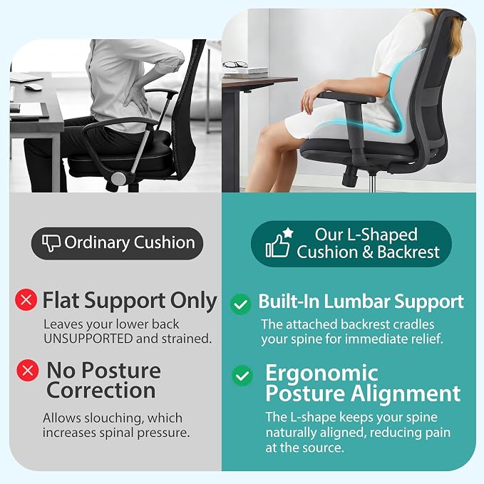 Seat Cushion for Office Chair, Ergonomic Cushion with Lumbar Support Pillow | Orthopedic Memory Foam Coccyx Cushion for Tailbone & Sciatica Pain Relief, Ideal For Office Chairs, Car Seats, Wheelchairs - Image 7