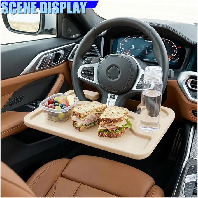 Car Steering Wheel Desk, 2 in 1 Multipurpose Auto Steering Wheel Tray with Drink Holder and Pen Slot, Portable Vehicle Computer Office Table Travel Accessories for Laptop, Food (Beige) - Image 5