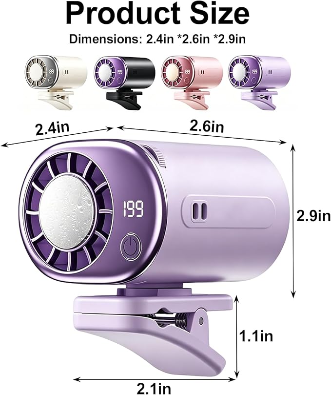 Clip on Fan, 360° Rotate Wearable Mini Fan, 199 Speeds LED Display | 4-in-1 clip fan for car seat, hat & waist. 199 speeds, LED display, 360° rotate, 2000mAh battery, lanyard included. - Image 3
