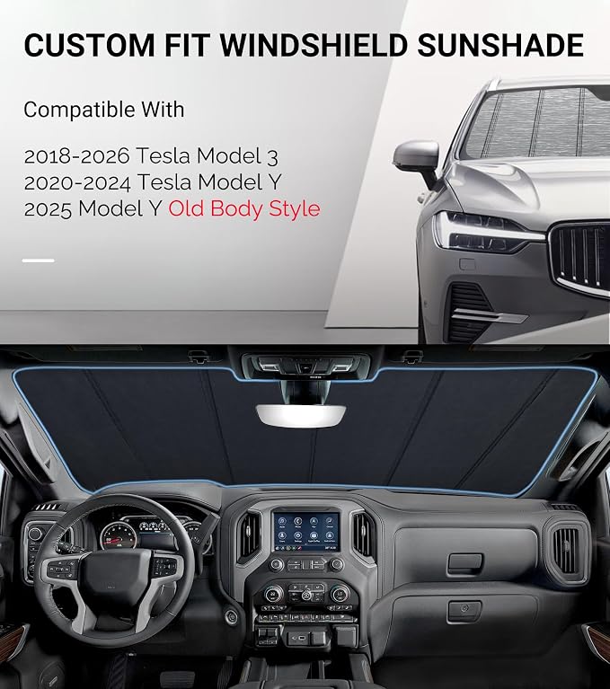 Pigenius Windshield Sunshade for Tesla Model 3 2018-2026, Model Y 2020-2025 Old Body Style - Metallic - Image 2