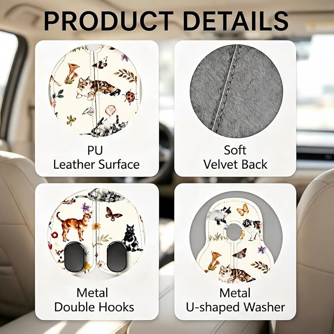 Car Seat Back Headrest Hooks - 2 Pack, Watercolor Cat Pattern Purse Hook for Car, Metal Leather Multifunctional Auto Hanger Organizer for Bags Water Bottles Phones - Image 3