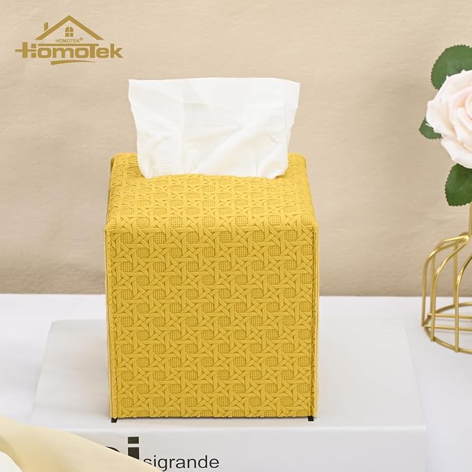 HOMOTEK 2 Pack Tissue Box Cover, Square PU Leather Tissue Holder, Decorative Facial Tissue Cube Paper Organizer Dispenser for Bathroom, Night Stands, Desk, Car 5X5X5'' - Rattan Weave,Mango Yellow - Image 5