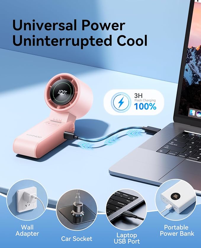 KIMMOO 2 Pack Pink Portable Handheld Turbo Fan-100 Speeds,Powerful 20000 RPM, 12Hrs Cooling, USB Rechargeable Mini Hand Held Personal Fan for Travel Makeup Outdoor Indoor - Image 8