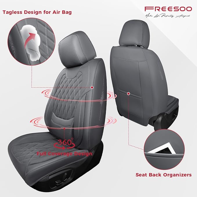 FREESOO Car Seat Covers Full Set Faux Leather Universal Fit Grey | faux nappa leather seat covers, waterproof breathable, full set lumbar support, front rear covers, fit sedans suvs pickups - Image 2