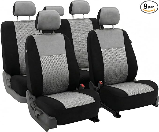 FH Group Universal Car Seat Covers Full Set for SUV Truck Sedan Vans | 3D Textured Breathable Fabric Seat Cover Set with Airbag Compatible Split Bench Protector Interior Upgrade - Gray/Black by FHGroup