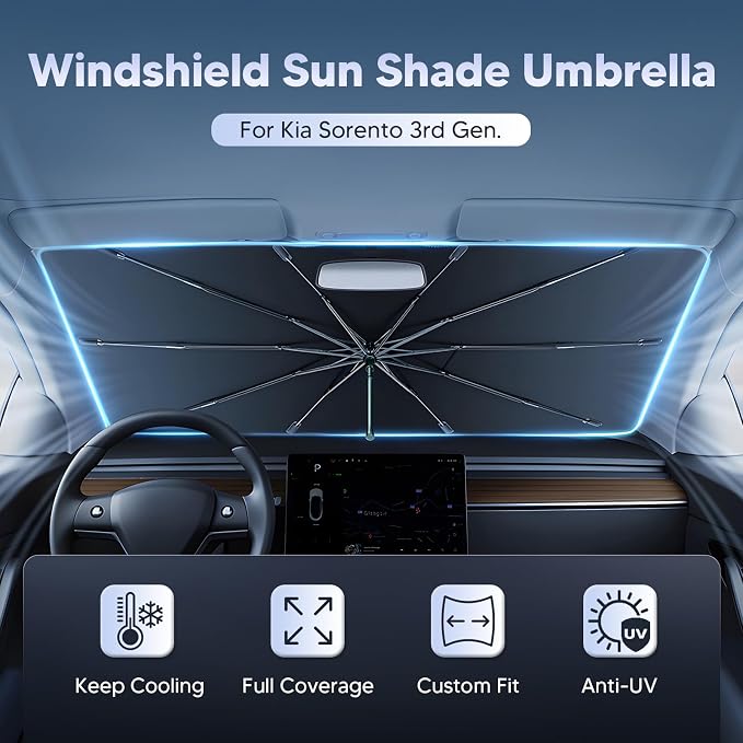 Autorder Windshield Sun Shade Umbrella for 2016-2020 Kia Sorento Accessories,Upgraded Ice Crystal Material,Easy Setup Umbrella Sunshade for Car Windshield,100% Sun Blocking - Image 2
